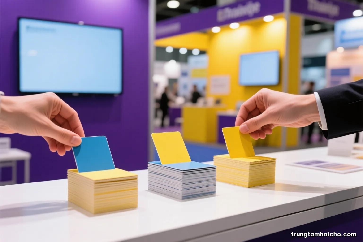 Close-up of two hands sorting blank colored cards into three neat piles on a white exhibition counter, shallow depth of field, cool morning light, indigo and lemon palette