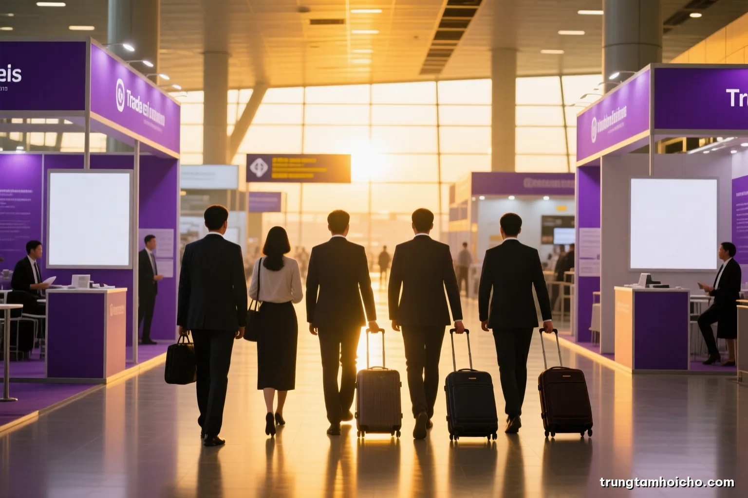 Wide shot of a group of Vietnamese business people with suitcases walking through a bright airport terminal at dawn, faces turned away, soft golden light, warm neutral palette, documentary style