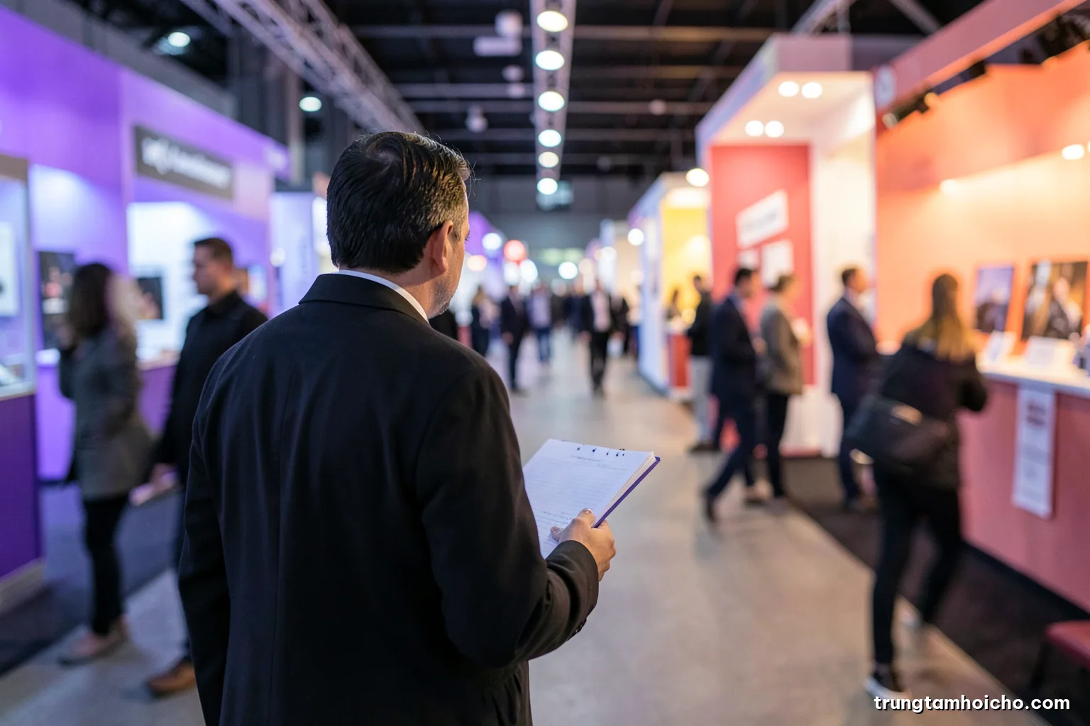Over-the-shoulder view of a buyer with a notebook walking down a long exhibition aisle lined with product booths, motion blur of passersby, cool morning light, slate grey and coral palette