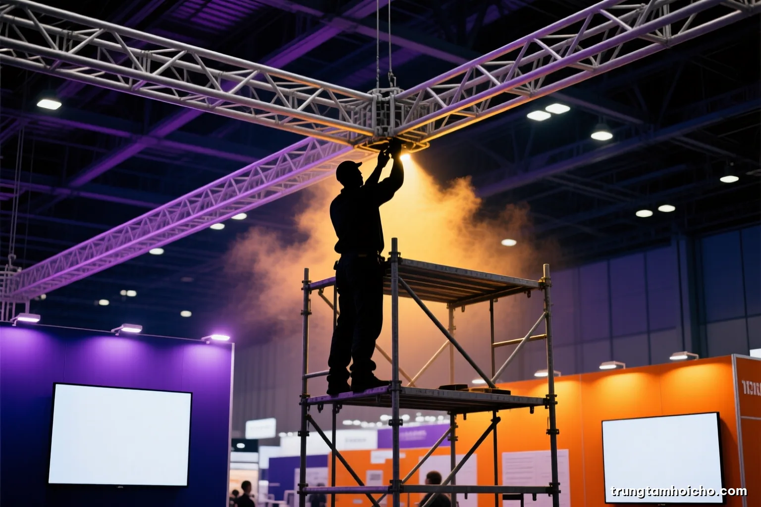 Silhouette of a worker on a scaffold tower fixing an overhead aluminium truss in a vast dim exhibition hall, beams of work light cutting through dust, deep navy and orange palette