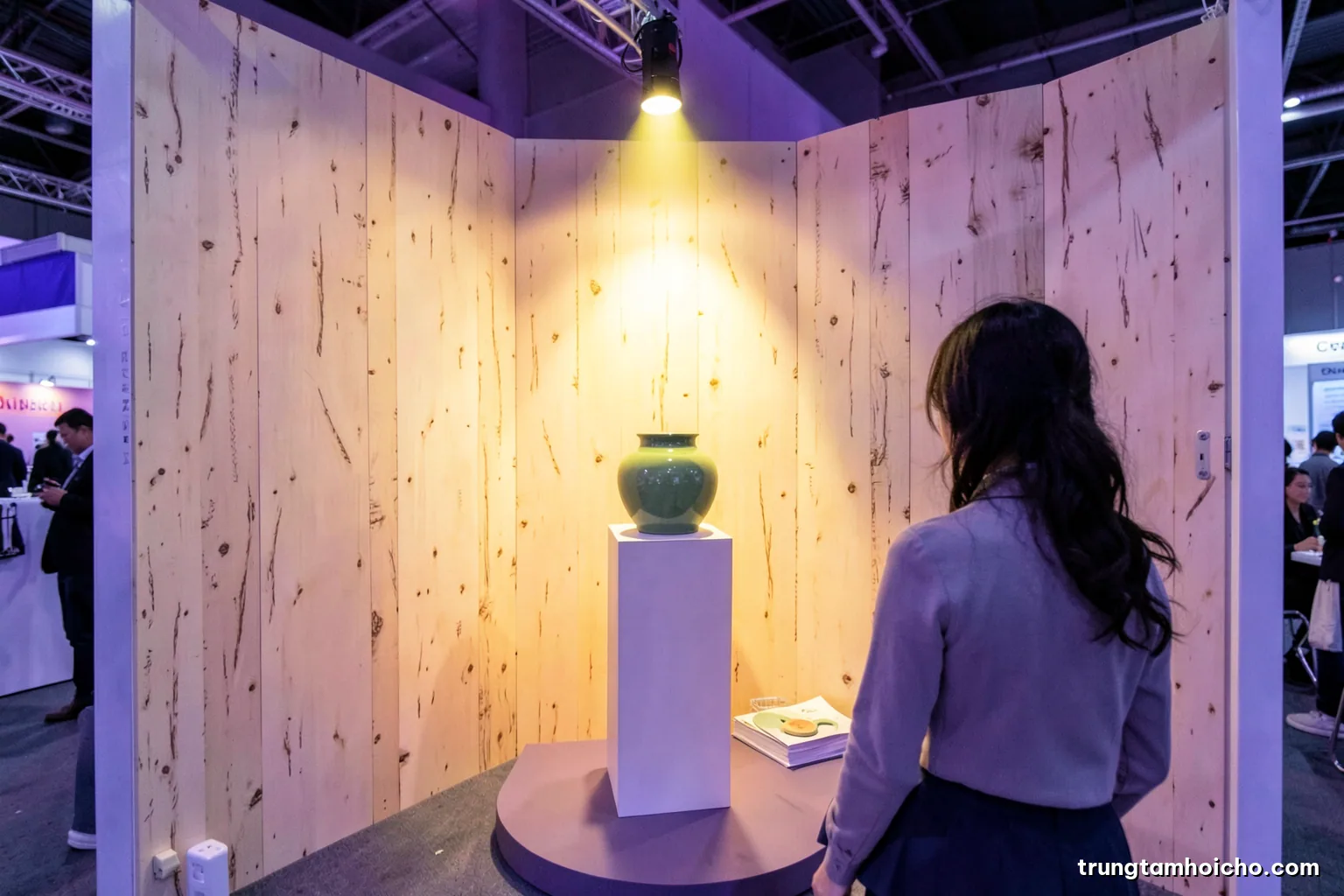 Eye-level shot of a compact booth with pale birch walls, one green ceramic vase on a tall plinth under a spotlight, a Vietnamese staff member seen from behind, sage palette