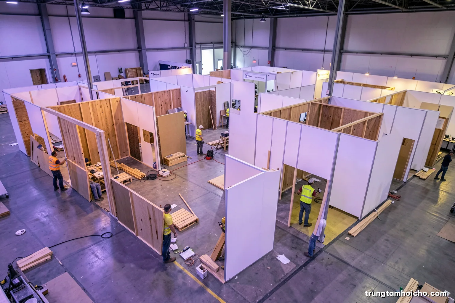 High angle wide shot of an exhibition hall during setup, timber and white modular booths half assembled, workers in safety vests carrying panels, cool morning light, muted grey and oak palette