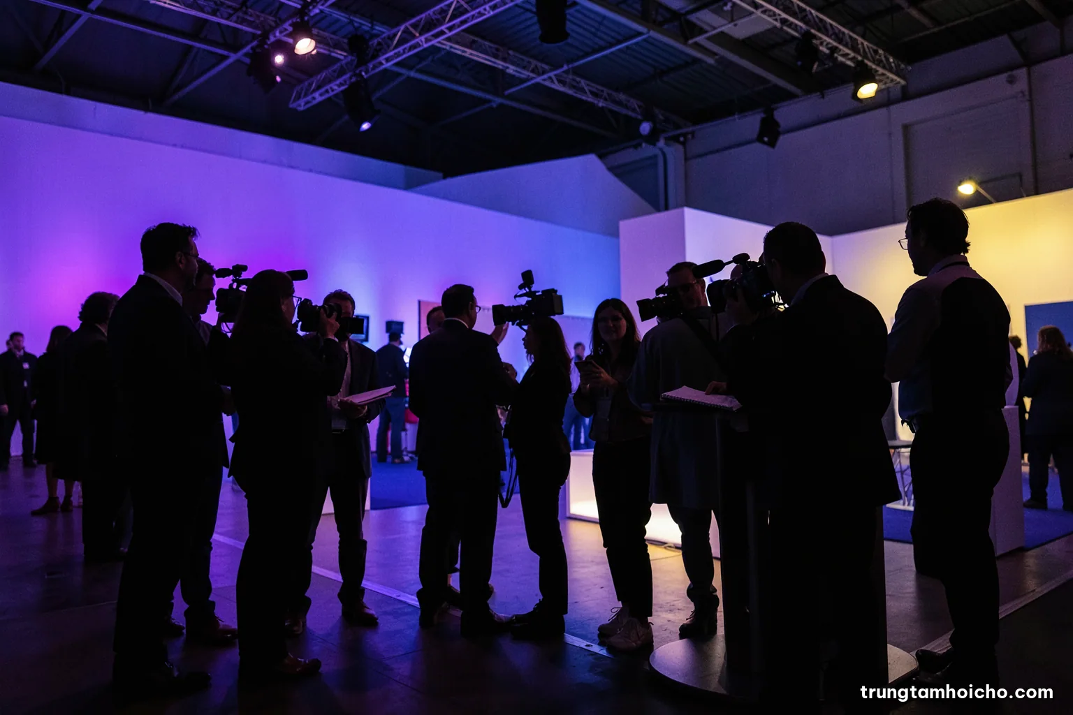 Silhouetted journalists with cameras and notepads gathered near a small press table at the edge of an exhibition stage, cool blue backlight, minimal composition, graphite and steel tones