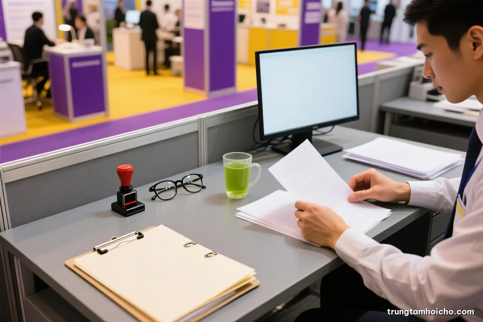 Top-down view of a tidy desk with blank folders, an ink stamp pad, reading glasses and a cup of green tea, Vietnamese office worker hands sorting papers, soft neutral daylight, slate grey palette