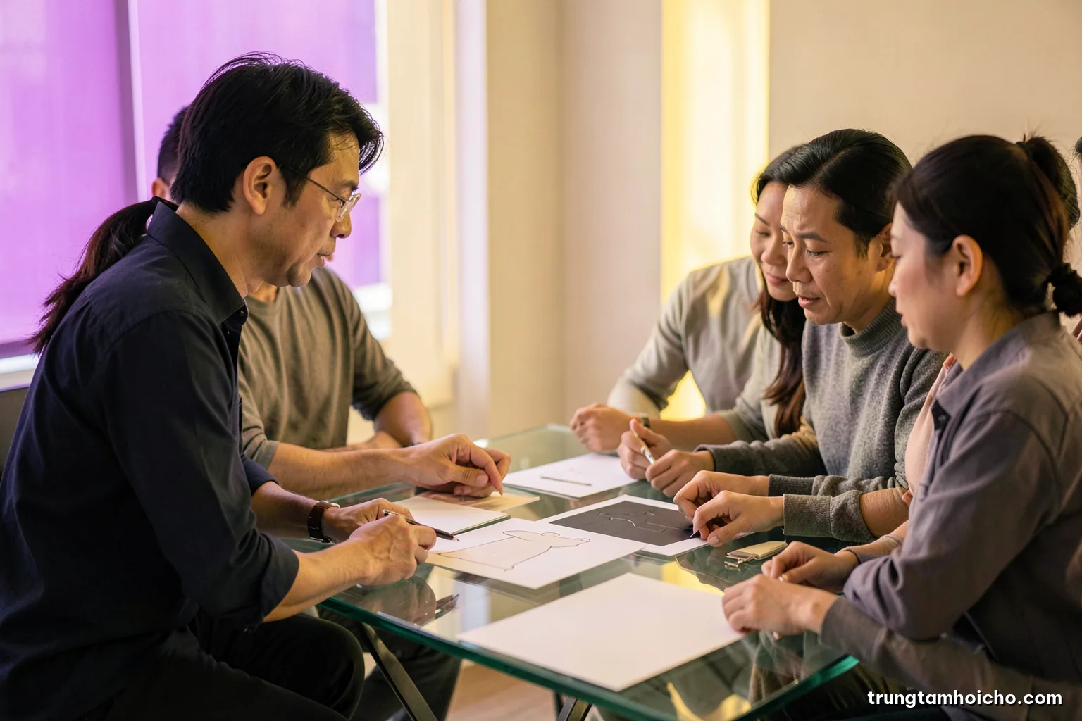 Side view of a Vietnamese client and agency team around a glass table reviewing blank mood boards and fabric swatches, natural window light, minimal office, soft beige and sage palette