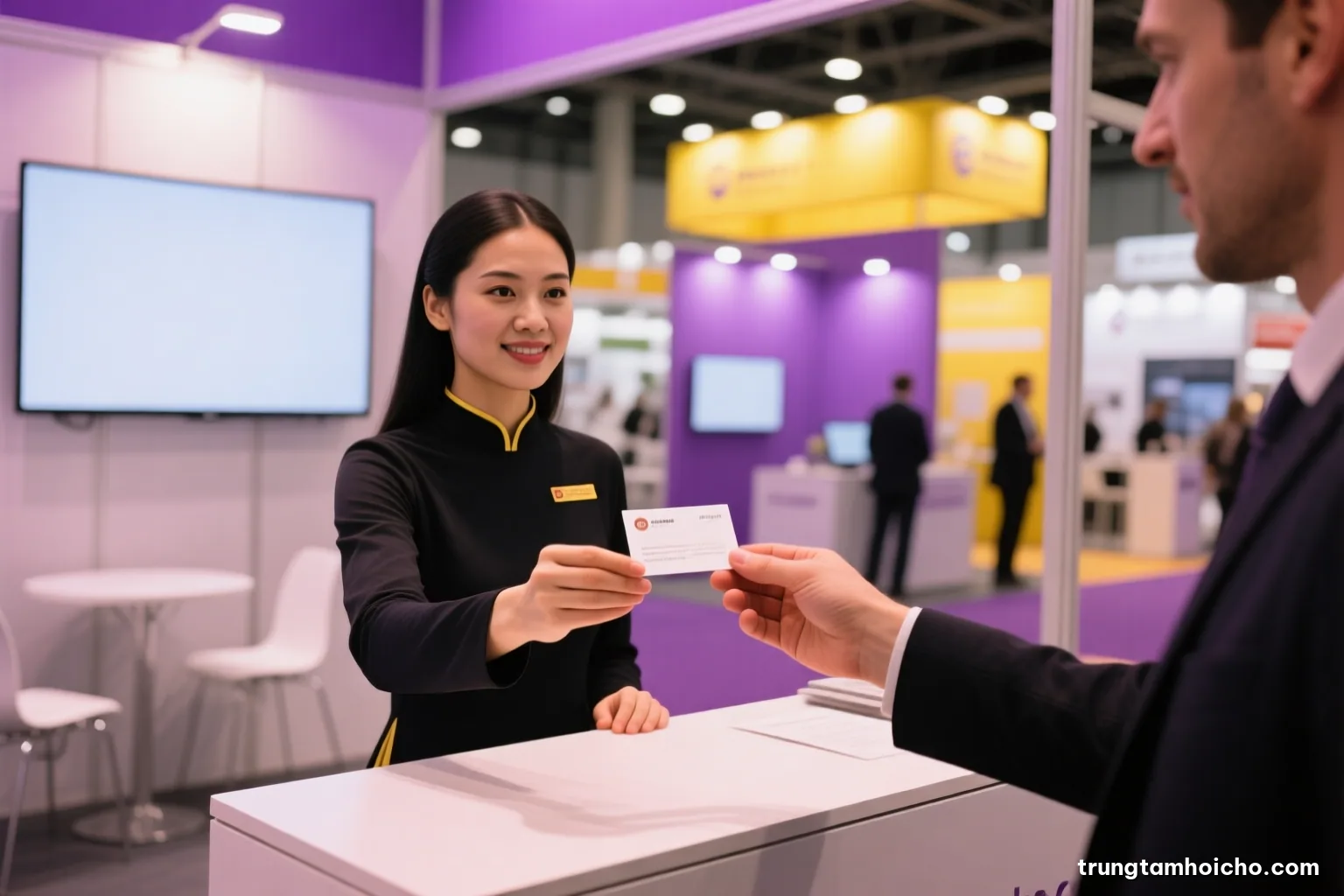 Medium shot of a Vietnamese exhibitor offering a blank business card with both hands to a foreign visitor at a minimalist booth, soft diffused light, muted rose and graphite palette