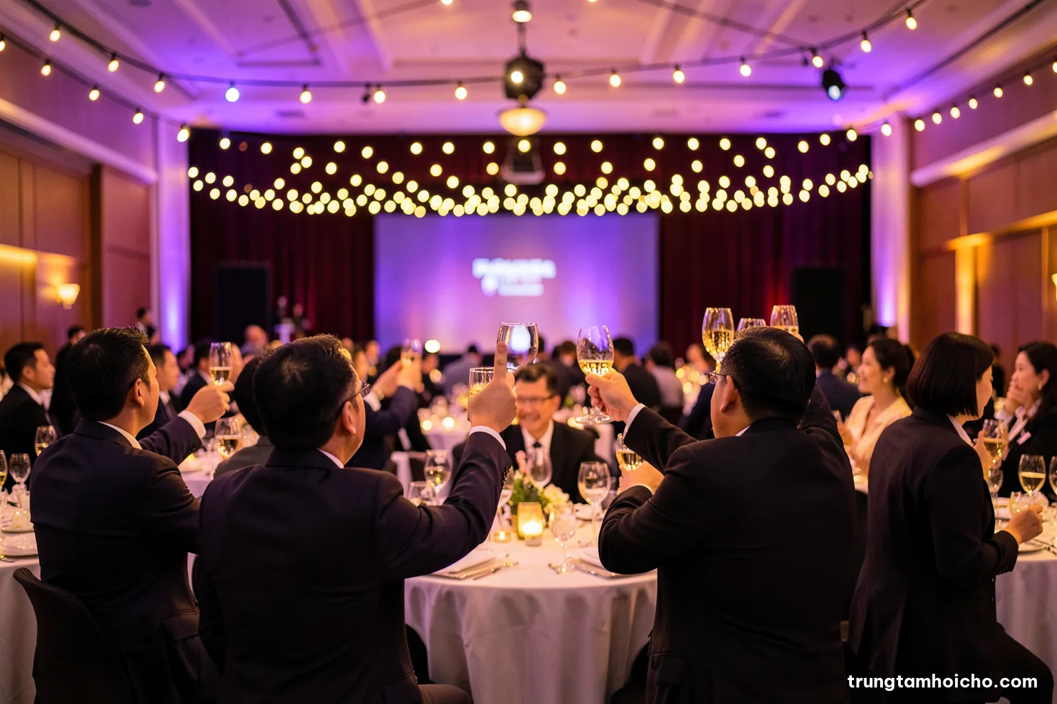 Wide shot of a warmly lit banquet hall with round tables and string lights, Vietnamese colleagues seen from behind raising glasses toward a stage, bokeh, burgundy and gold palette