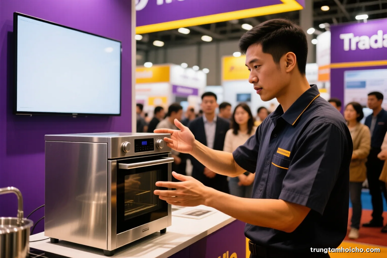 Macro shot of a Vietnamese technician hands demonstrating a stainless steel kitchen appliance to a small crowd at a trade show stand, dramatic side light, charcoal and amber palette