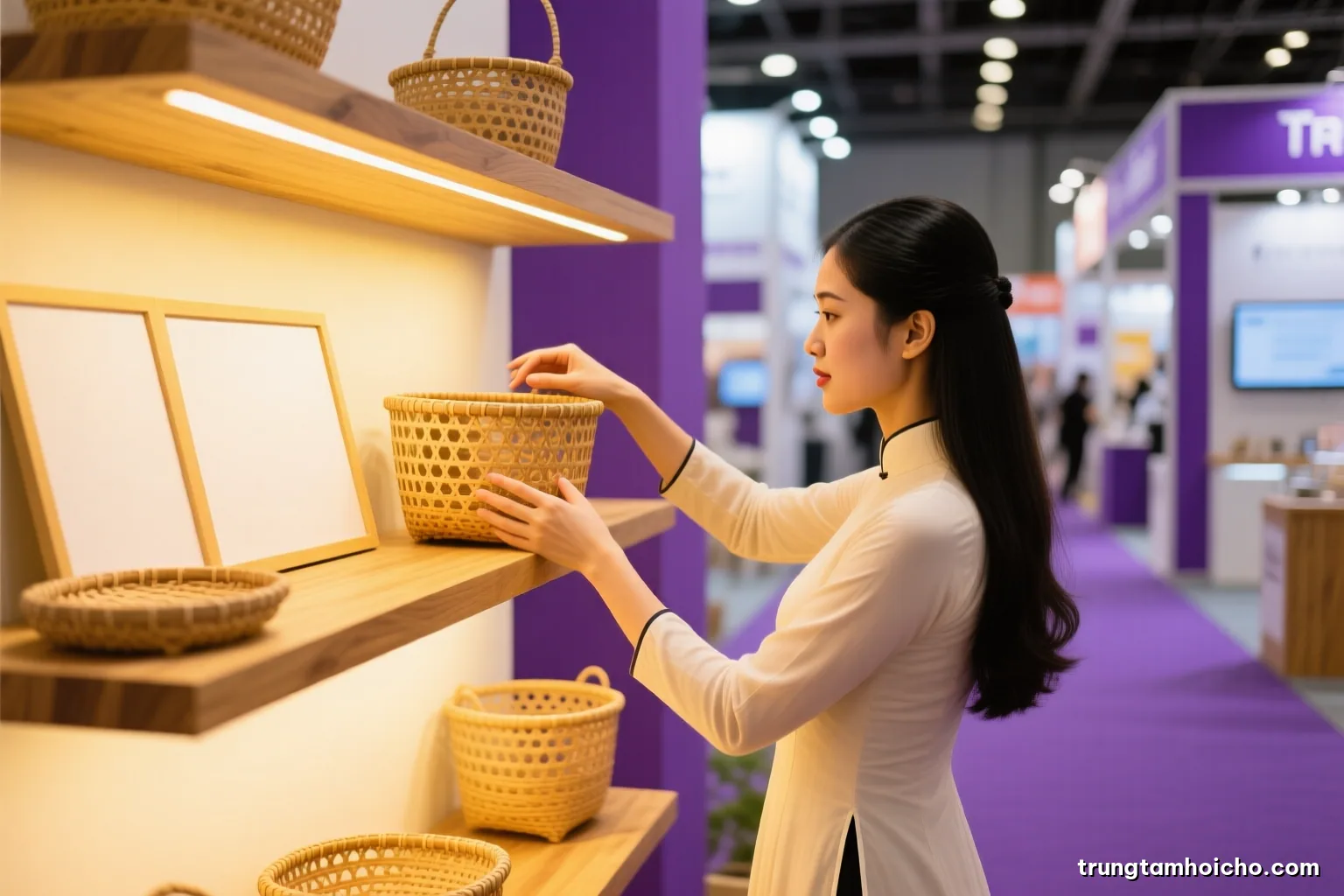 Over-the-shoulder view of a Vietnamese woman picking up a handmade rattan basket from a tiered oak display, soft side lighting, shallow depth of field, honey and cream palette