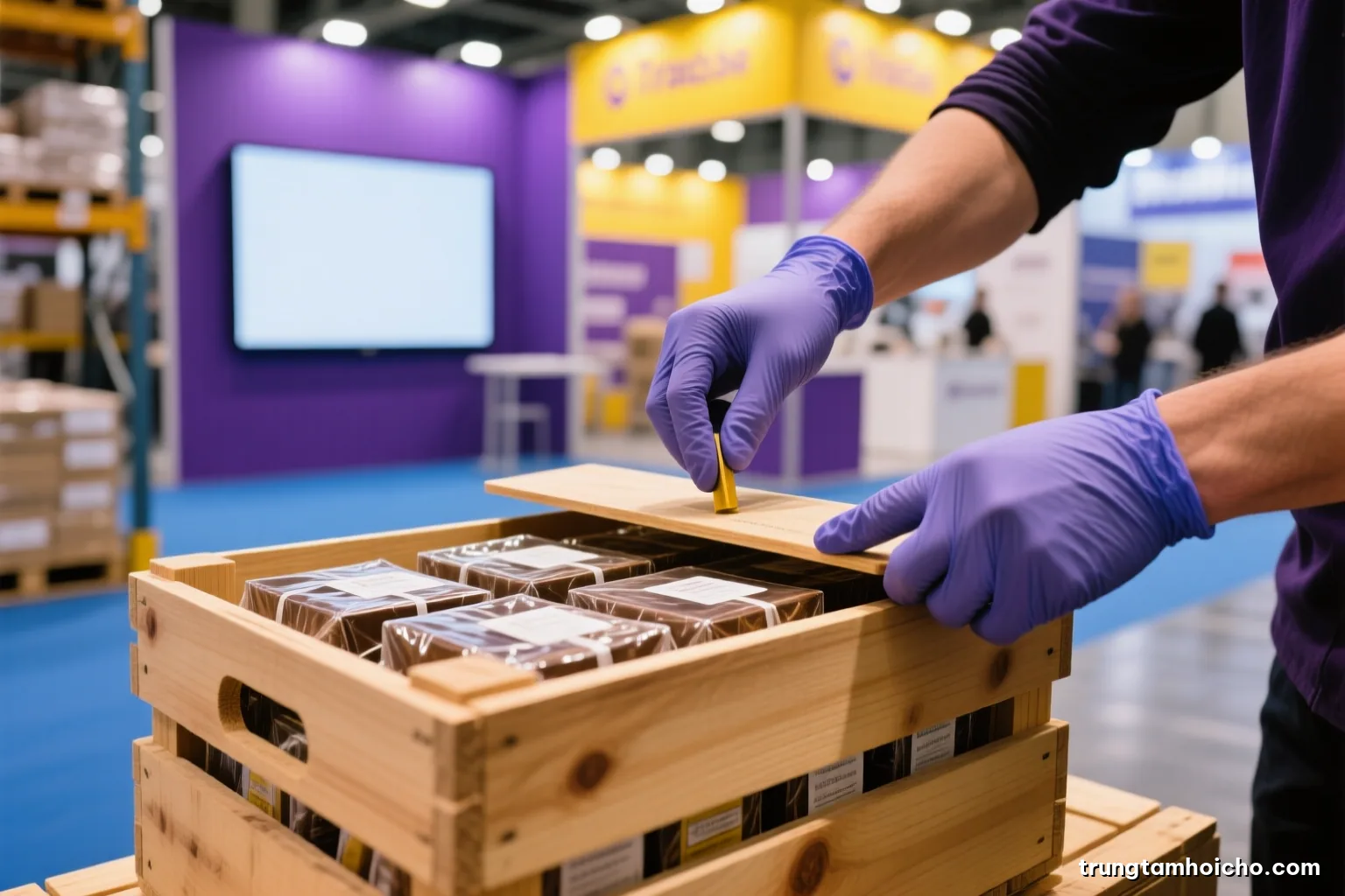 Macro close-up of gloved hands sealing a sturdy wooden crate filled with wrapped product samples in a clean warehouse, cool morning light, slate blue and natural pine palette