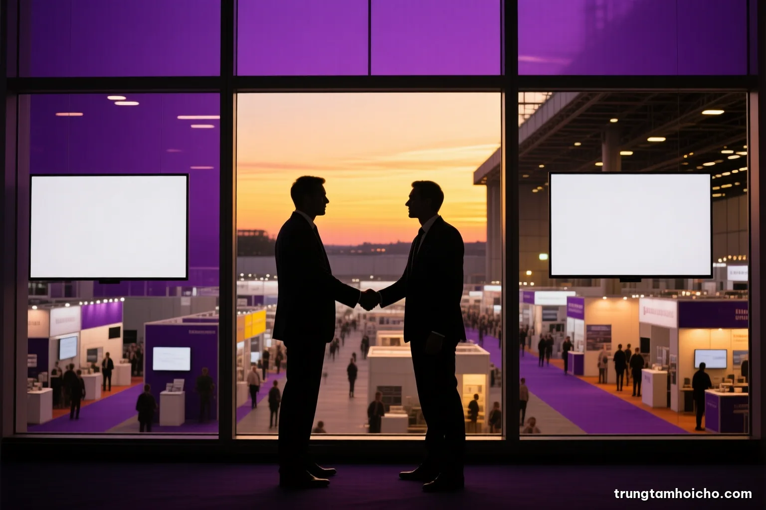 Silhouettes of two business people shaking hands in front of a large window overlooking an exhibition hall at dusk, warm backlight, deep purple and amber palette, cinematic editorial photography