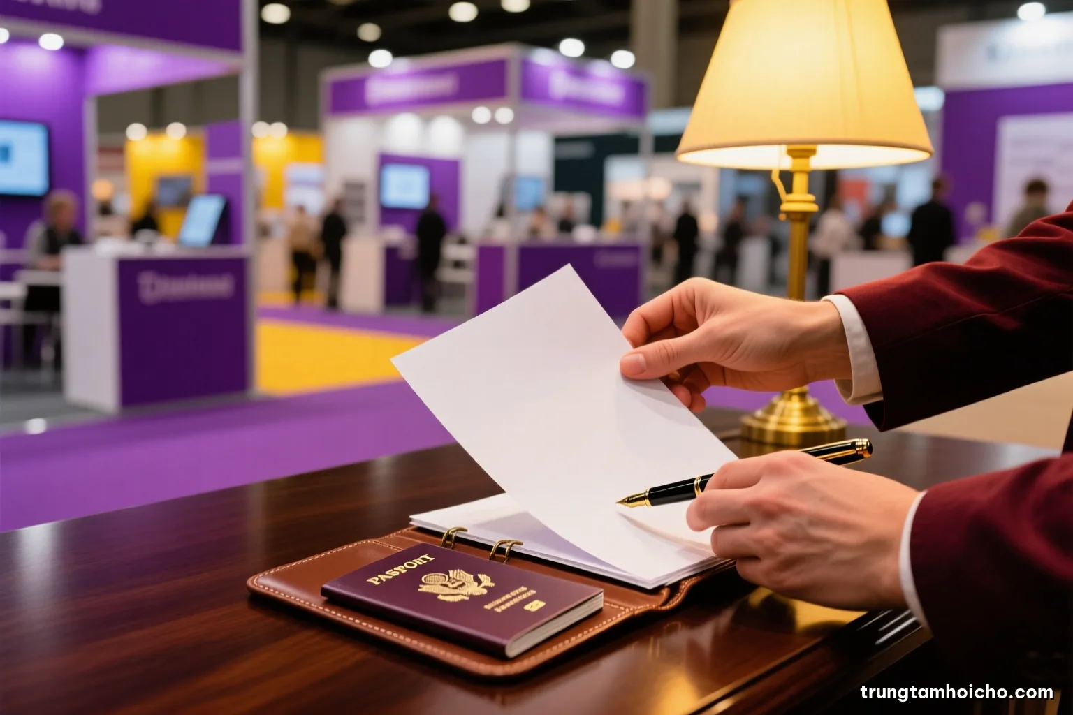 Close-up of hands sorting blank papers, a passport-sized booklet and a fountain pen into a leather folder on a dark walnut desk, warm lamp light, burgundy and brown palette